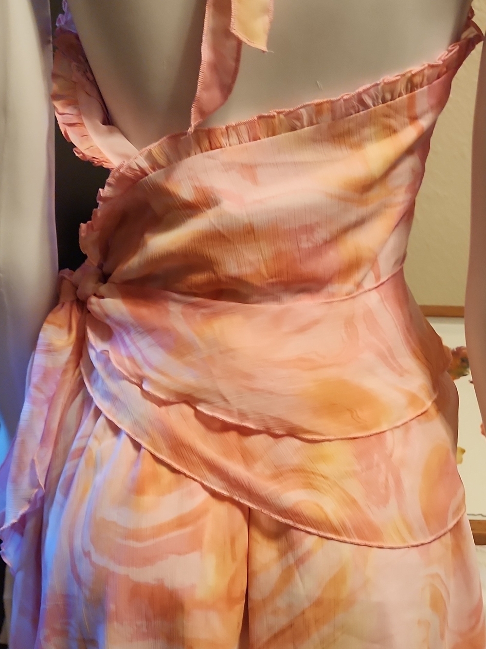 Peach-Pattern Ruffle Wrap Mini Dress - Picture 7 of 9